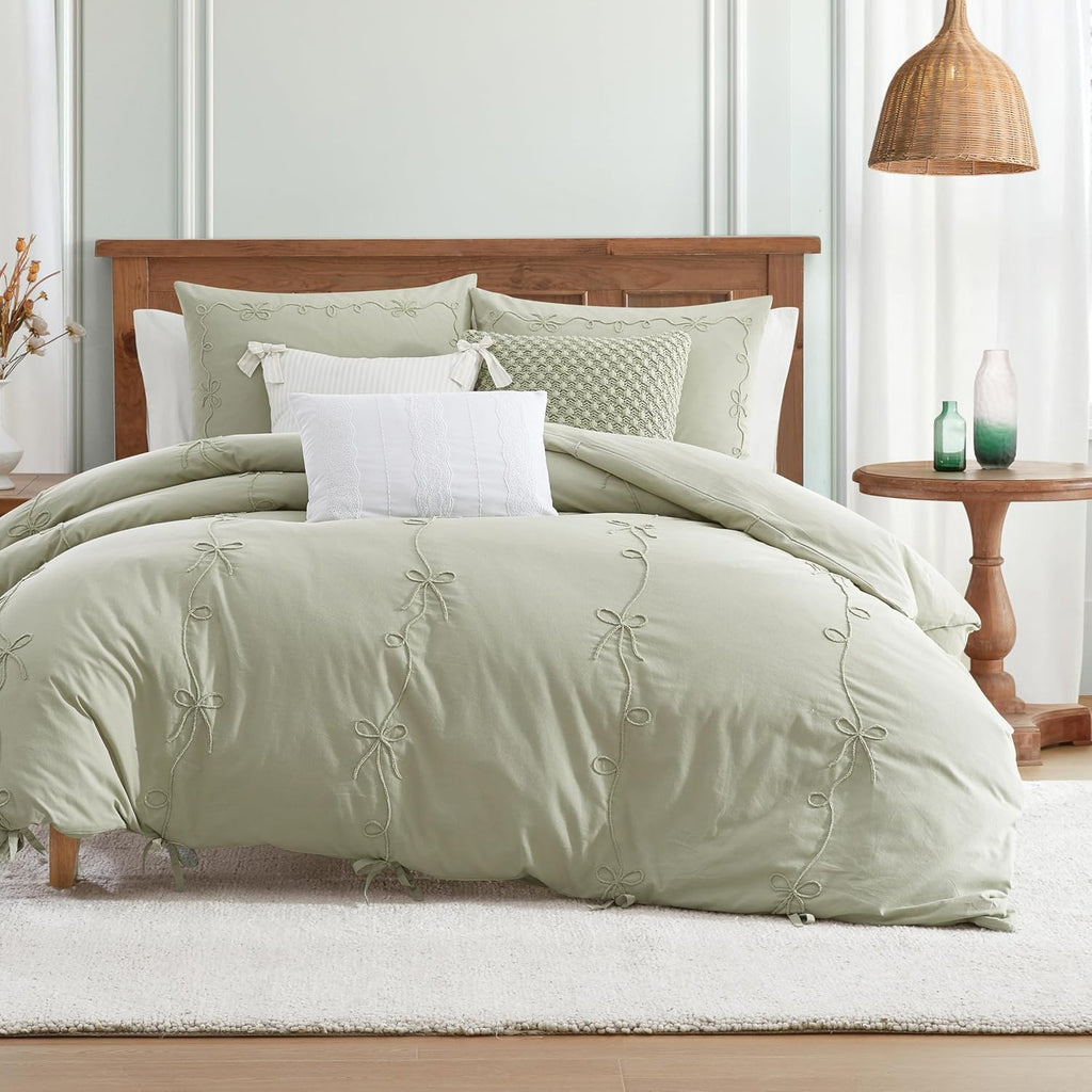 Peri Home Bows Duvet Cover Set 100% Cotton 3-Piece Bedding, Full/Queen, Green Sasha Bows