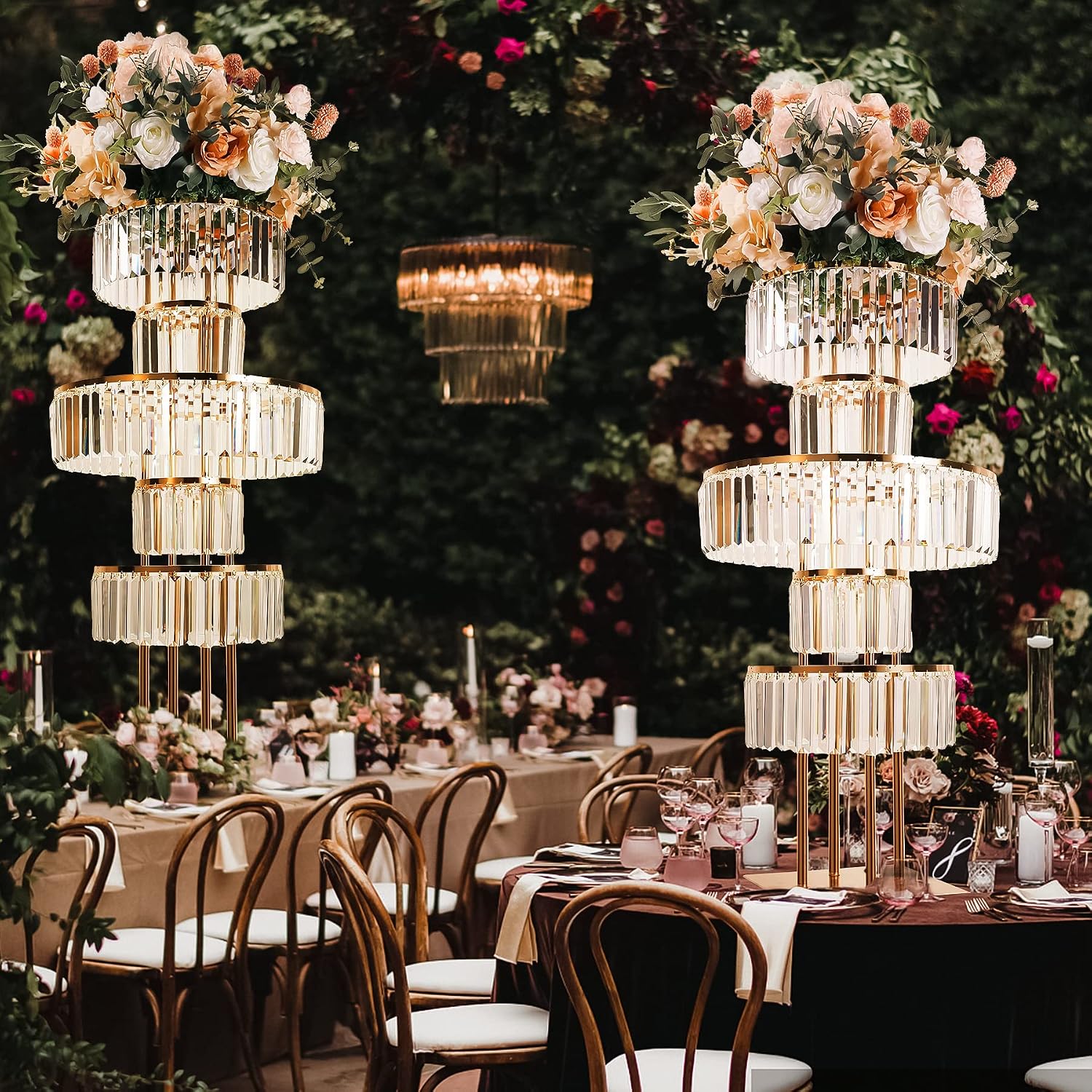 5-Tier Crystal Gold Vase for Centerpiece - Large Wedding Decor Flower Stand, Metal Chandelier Stand with K9 Crystal Pendants, Elegant Flower Display Rack for Party Event Home Wedding Decor (Gold)