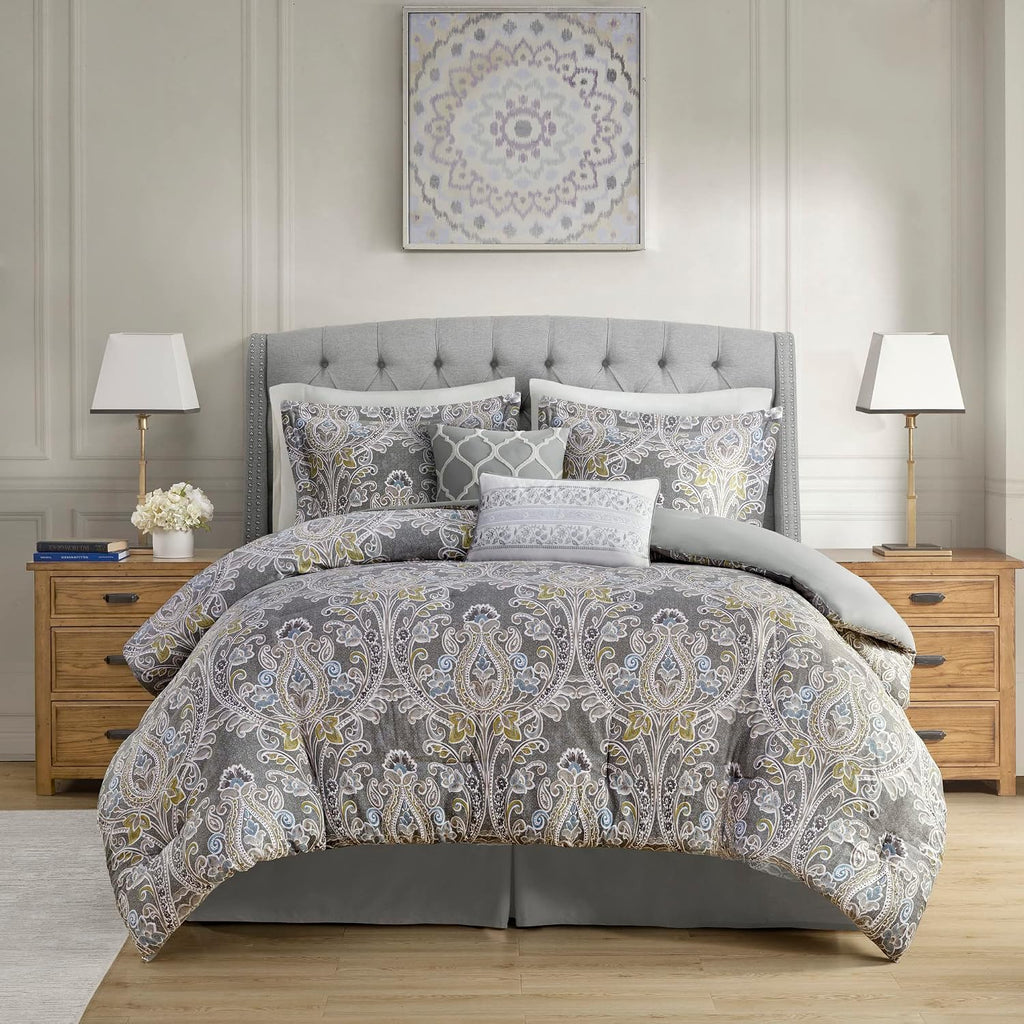 Harbor House Cozy Cotton Comforter Set - Classic Modern Design, All Season Down Alternative Casual Bedding, Matching Shams, Hallie, Damask Grey Full(80'x90') 6 Piece