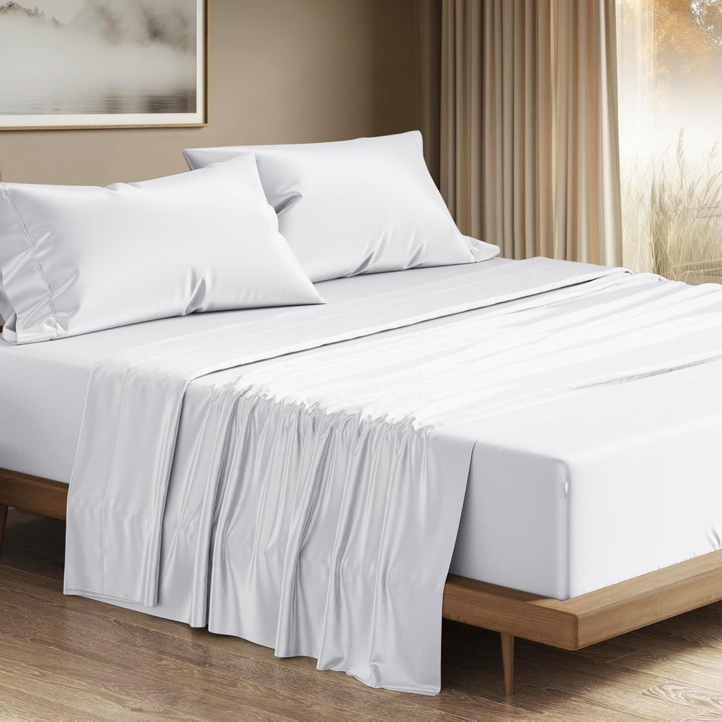 THREAD SPREAD 100% Egyptian Cotton Queen Sheets Set - 1200 Series Plush Collection Luxury Egyptian Cotton Sheets Queen Size Deep Pocket (4 PC, White), Soft, Cooling, Sateen Weave Sheet Set