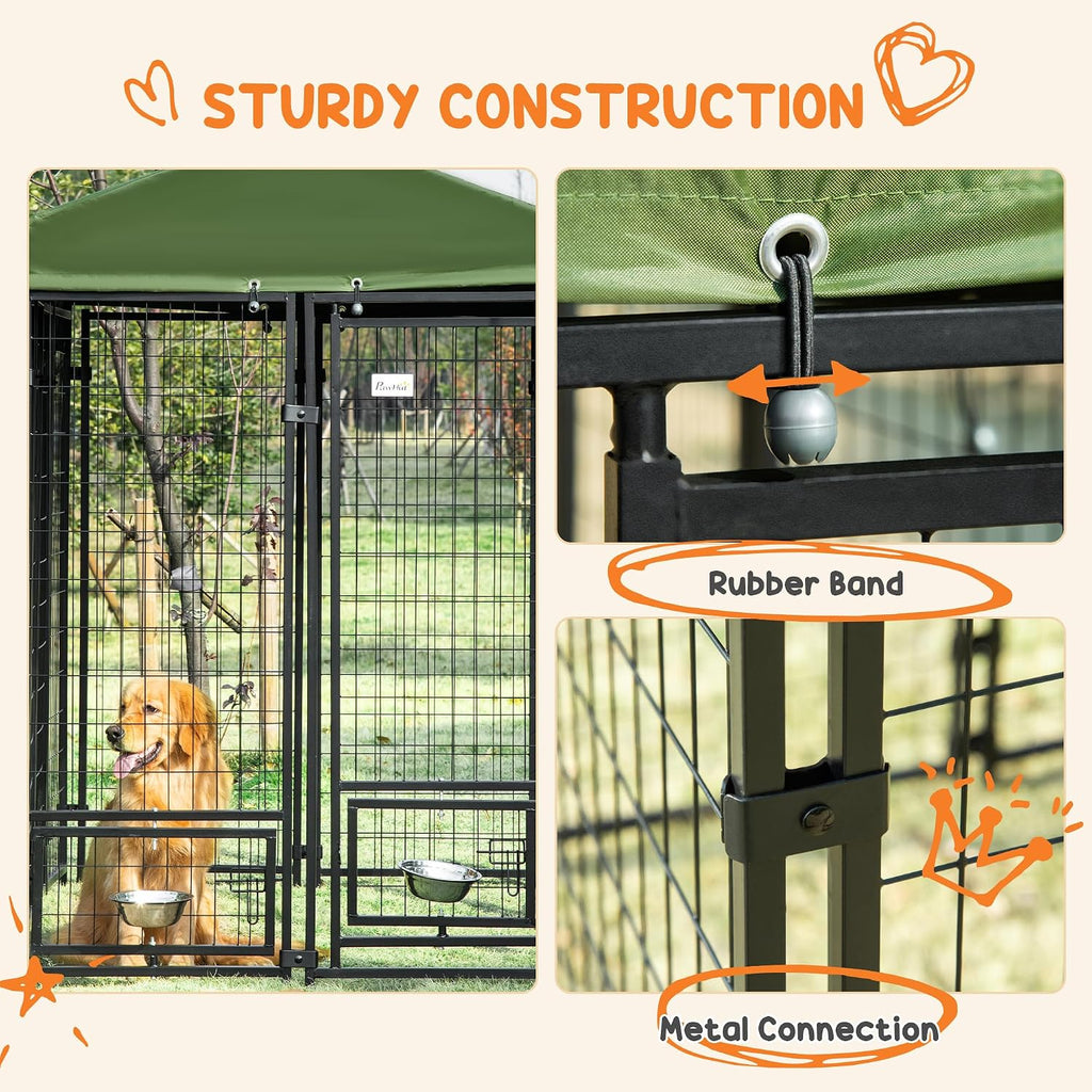 PawHut 8' x 4' x 6' Dog Kennel Outside, Welded Wire Outdoor Dog Kennel Run with 360° Rotating Bowls, Waterproof & UV Resistant Cover, for S&M&L Breeds, Chickens, Ducks, Green