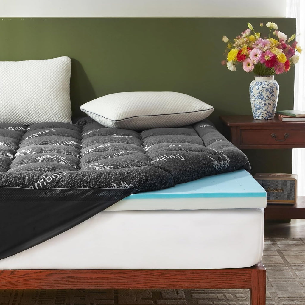 BEDLORE 4 Inch Memory Foam Mattress Topper Full,2-in-1 Dual Layer Design (2' Gel Memory Foam + 2' Plush Pillow Top Cover) Mattress Topper Medium-Firm,Pressure Relief & Back Pain Support(Dark Gray)