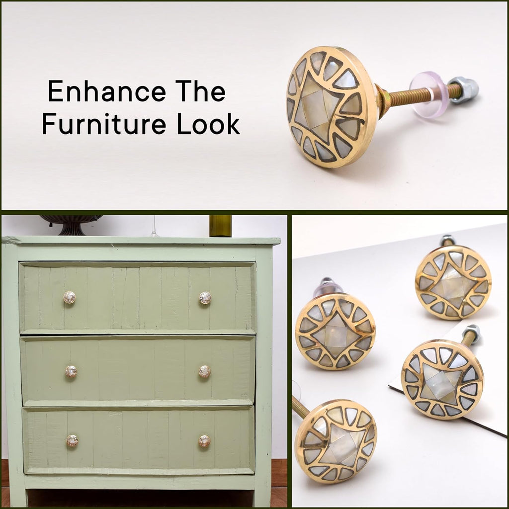 Indian Shelf Handcrafted 24 Piece Embroidery Decorative Dresser Handles Drawer Knobs Cabinet Pulls Elegant Hardware Mother of Pearl Brass