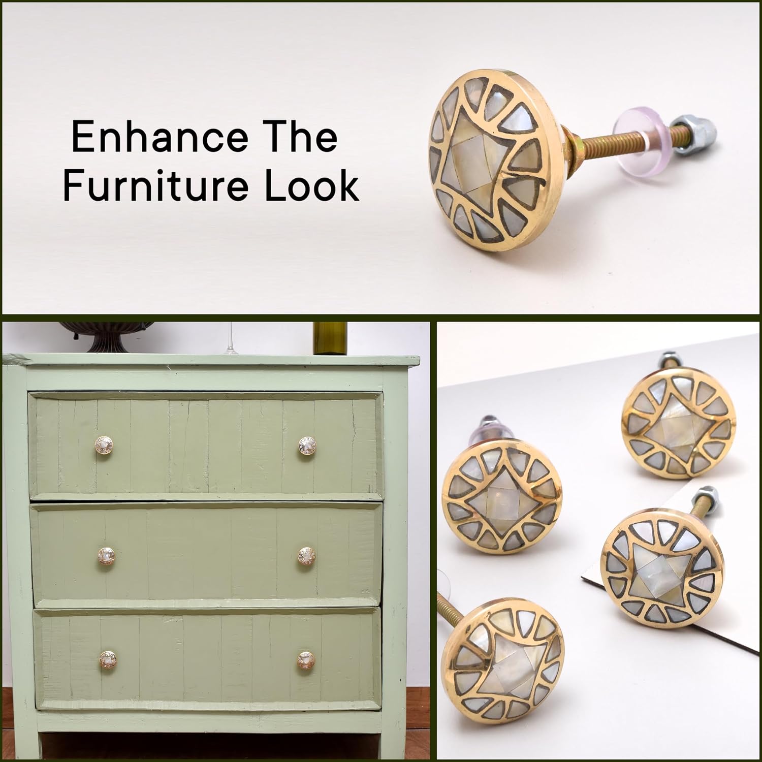 Indian Shelf Handcrafted 18 Piece Embroidery Decorative Dresser Handles Drawer Knobs Cabinet Pulls Elegant Hardware Mother of Pearl Brass