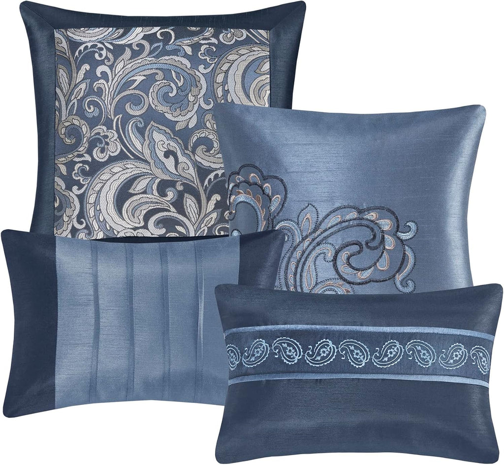 Madison Park Essentials Brystol 24 Piece Room in a Bag Faux Silk Comforter Jacquard Paisley Design Matching Curtains Down Alternative All Season Bedding-Set, King(104 in x 92 in), Navy 24 Piece