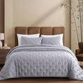 100% Viscose Derived from Bamboo Quilt Set, Soft Dreamer Cross Stitch Bedding, All Season Down Alternative Comforter with 4 Corner Loops, 3-Piece Set, Full/Queen, Silver Grey