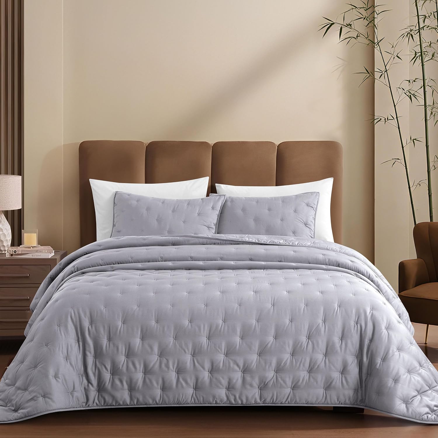 100% Viscose Derived from Bamboo Quilt Set, Soft Dreamer Cross Stitch Bedding, All Season Down Alternative Comforter with 4 Corner Loops, 3-Piece Set, Full/Queen, Silver Grey