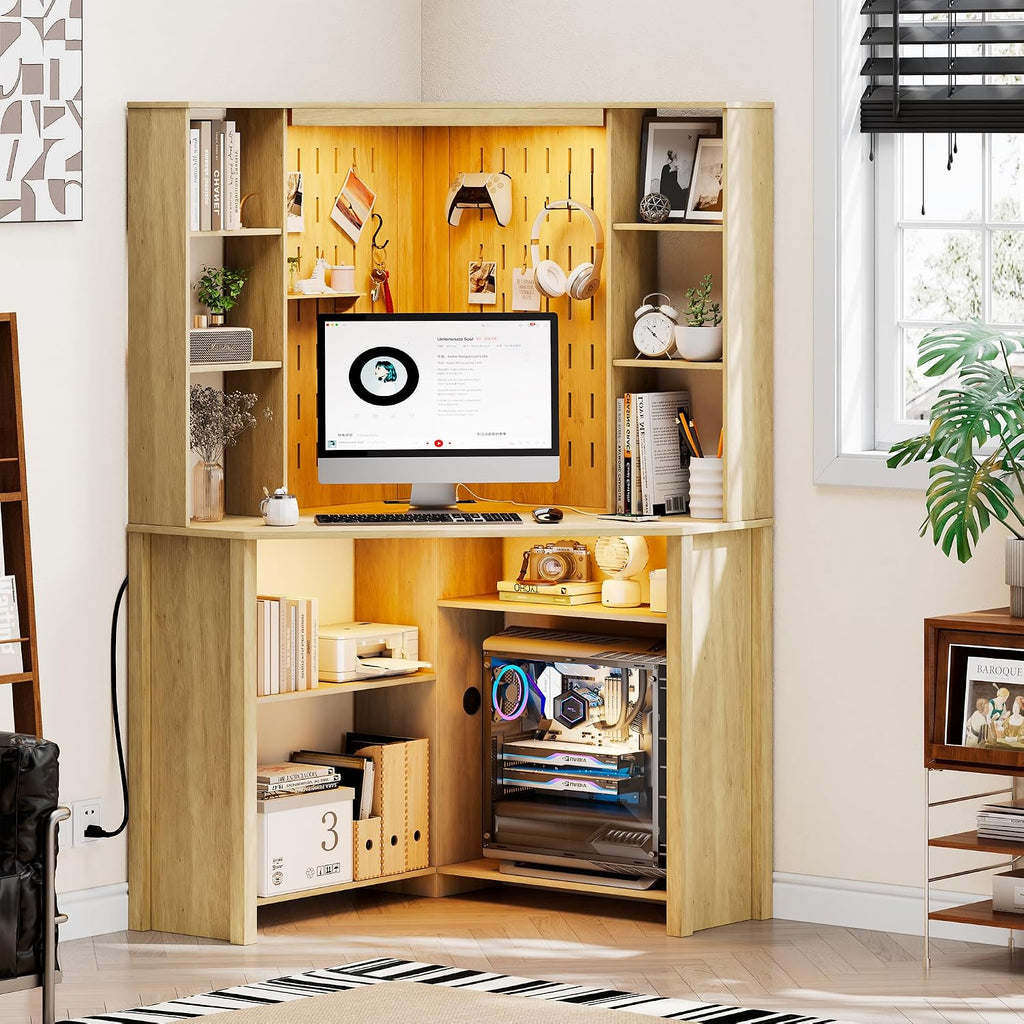 HNEBC Home Office Desk with Power Outlet & Chariging Station,L-Shaped Corner Desk with Pull-Out LED Lights,Computer Desk with Hutch & 10 Shelves,Pegboards for Work & Study,Natural