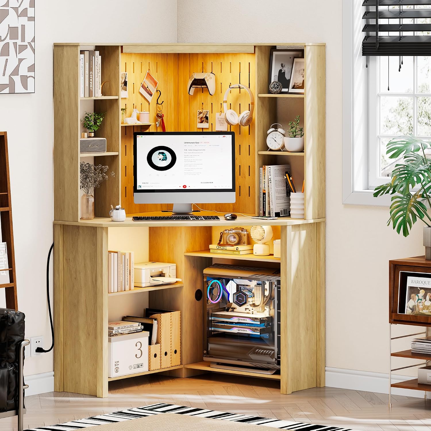HNEBC Home Office Desk with Power Outlet & Chariging Station,L-Shaped Corner Desk with Pull-Out LED Lights,Computer Desk with Hutch & 10 Shelves,Pegboards for Work & Study,Natural