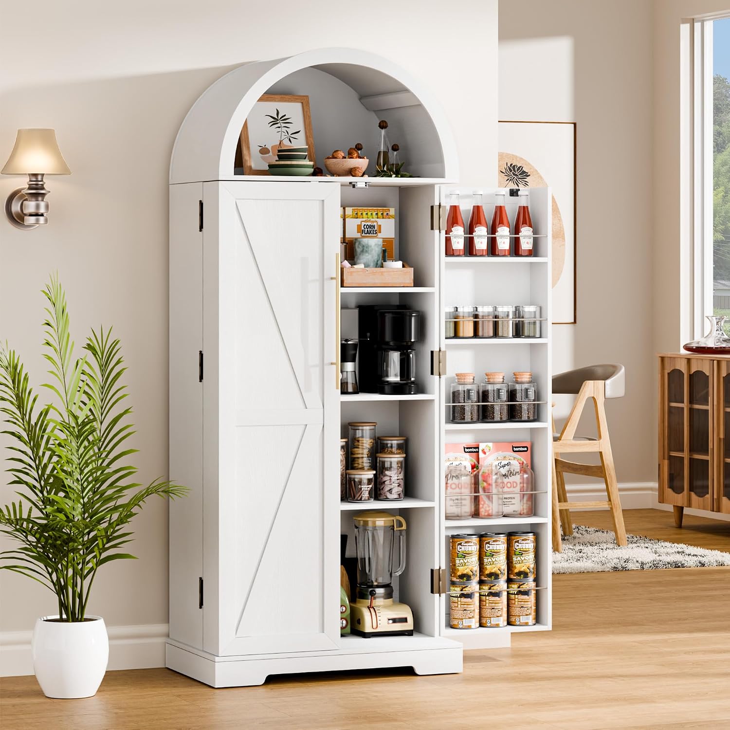 65''H Kitchen Storage Cabinet Pantry with 4 Large Storage Compartment & 10 Door Shelves, Free Standing Pantry Cabinet with Barn Doors Tall Kitchen Cabinet for Dining Room, Living Room, White