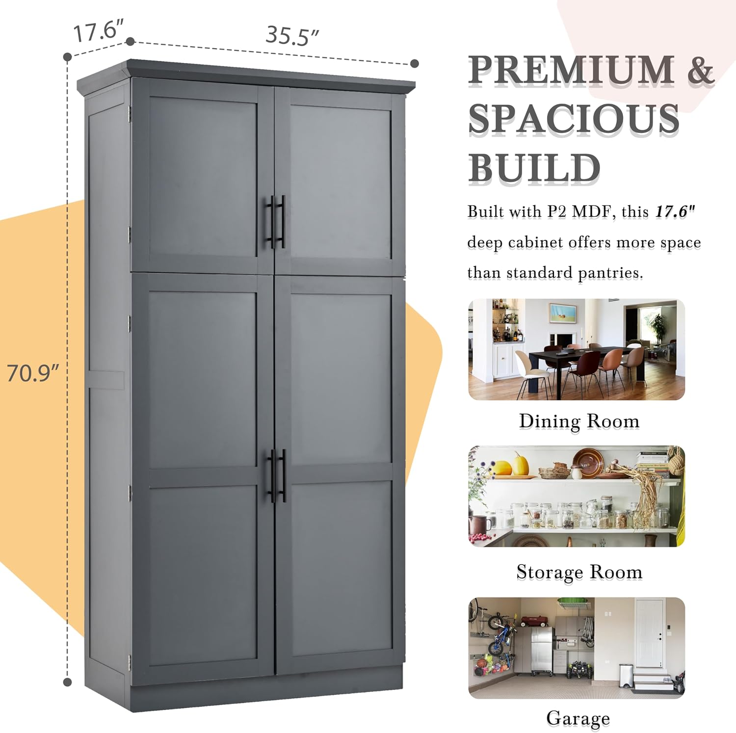 Merax 35.5x17.6x70.9 inches Freestanding Kitchen Pantry Cabinet, Tall Storage Cabinet with 4 Doors, 2 Door Shelves, 8 Pull-Out Trays and Adjustable Shelf for Dining Room, Gray