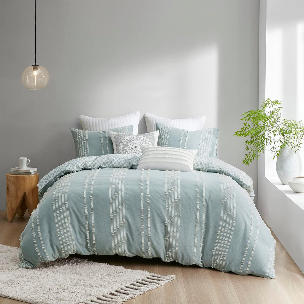 INK+IVY 100% Cotton Comforter Set Trendy Stripe Textured Design, Modern Down Alternative, All Season Cozy Bedding with Matching Shams, Full/Queen, Aqua Reversable Stripes