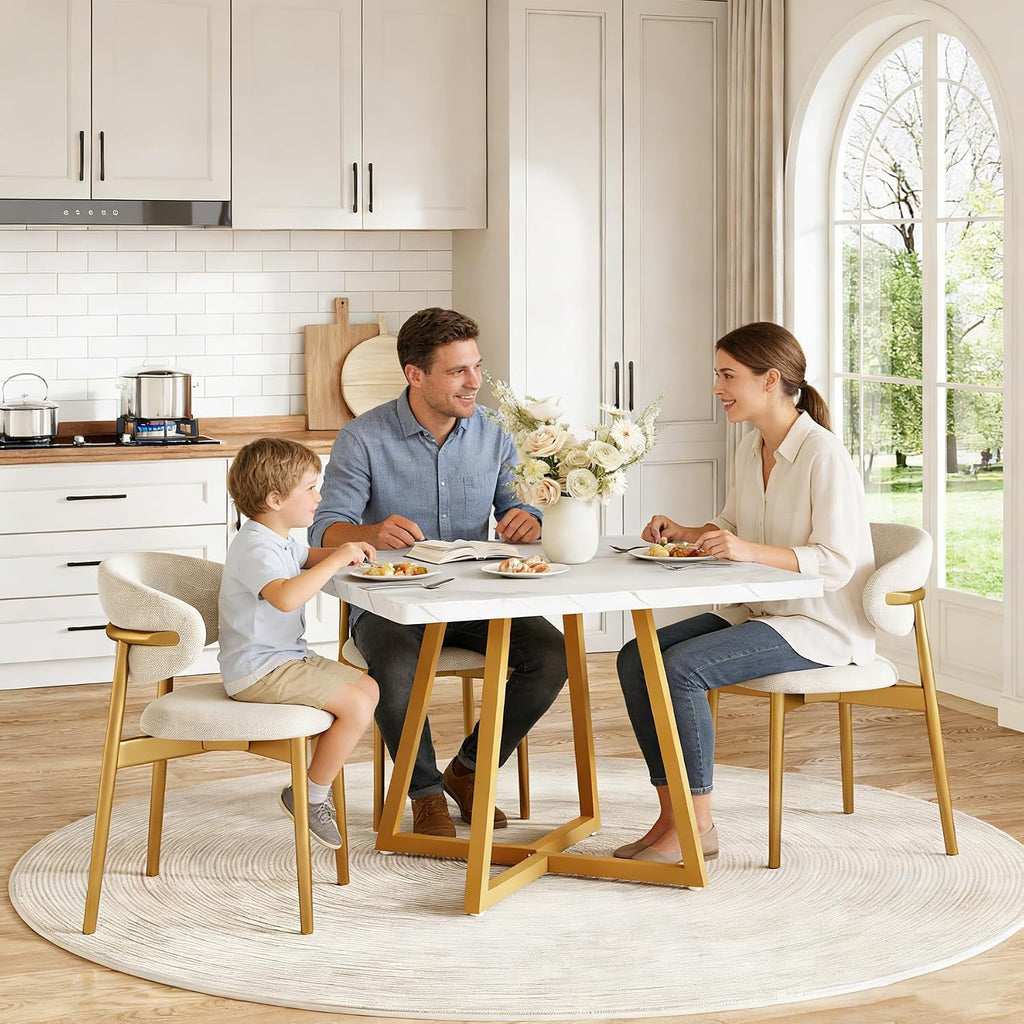 LITTLE TREE 31.5 Inches Small Dining Table for 4, Square Dinner Table for Small Space, Dining Room Tables, White Gold Wooden Kitchen Table with Metal Legs, Modern Leisure Cafe Table for Apartment