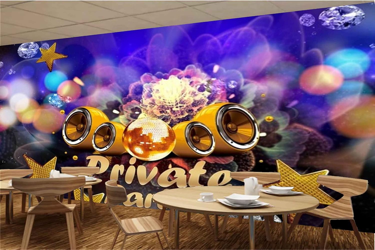 MWZ3497 Private Party Music Golden Stars HD 3D Wallpaper for Disco Club Karaoke[13 ft x 12 ft] / [396 cm x 366 cm]
