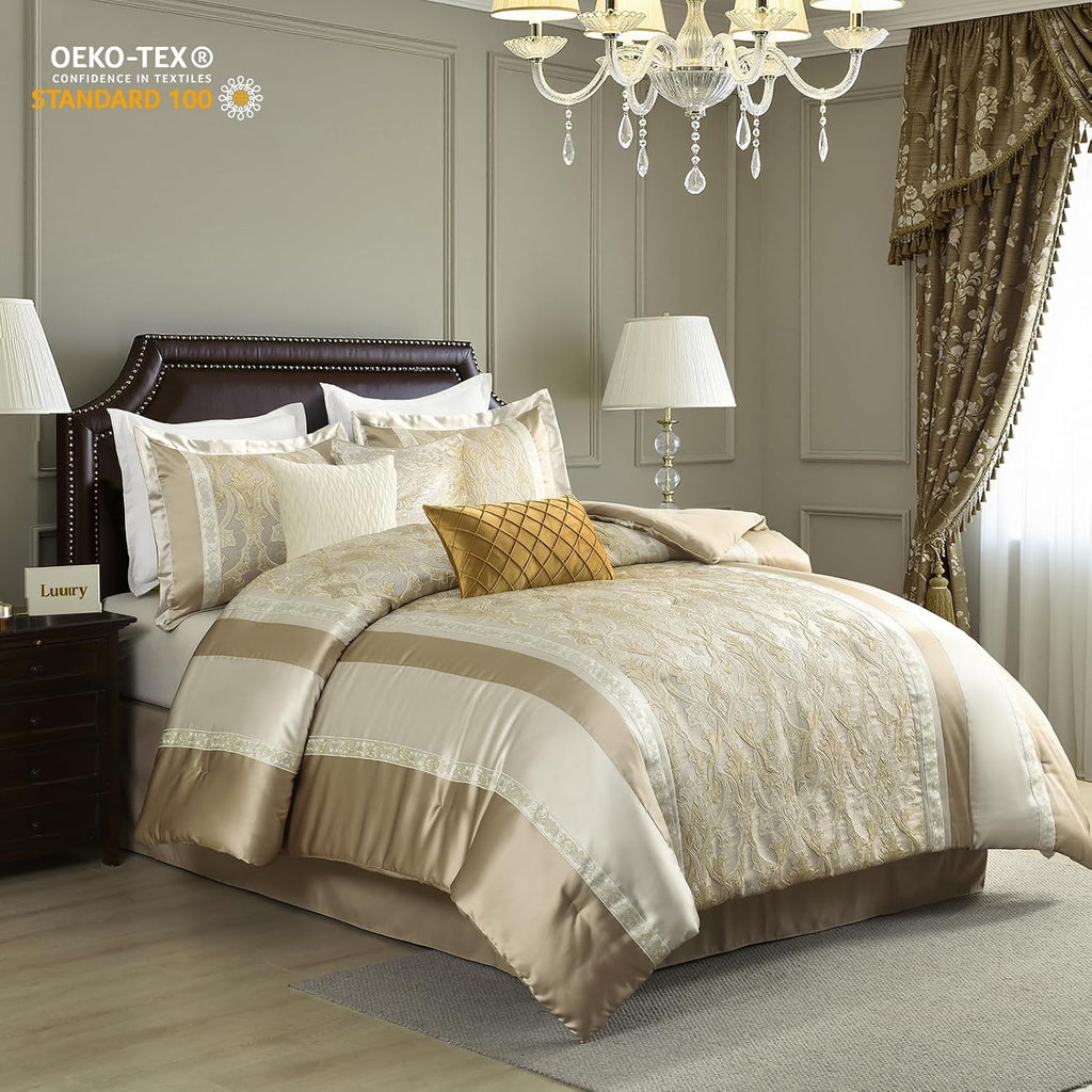 Finlonte Queen Size Comforter Set, Champagne Beige, 7 Piece Bed in a Bag for All Seasons, Luxury Vintage Floral Jacquard Damask Patchwork, Soft Bedding Sets with Bedskirt, Shams and Decor Pillows
