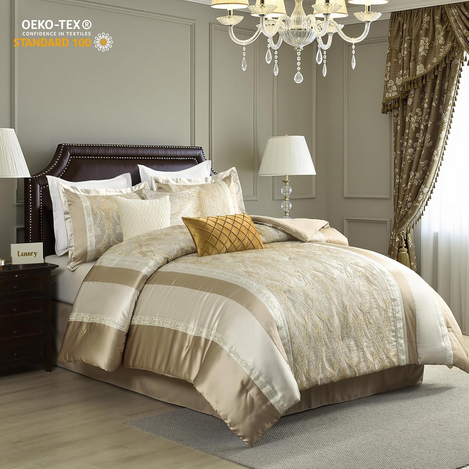 Finlonte Queen Size Comforter Set, Champagne Beige, 7 Piece Bed in a Bag for All Seasons, Luxury Vintage Floral Jacquard Damask Patchwork, Soft Bedding Sets with Bedskirt, Shams and Decor Pillows