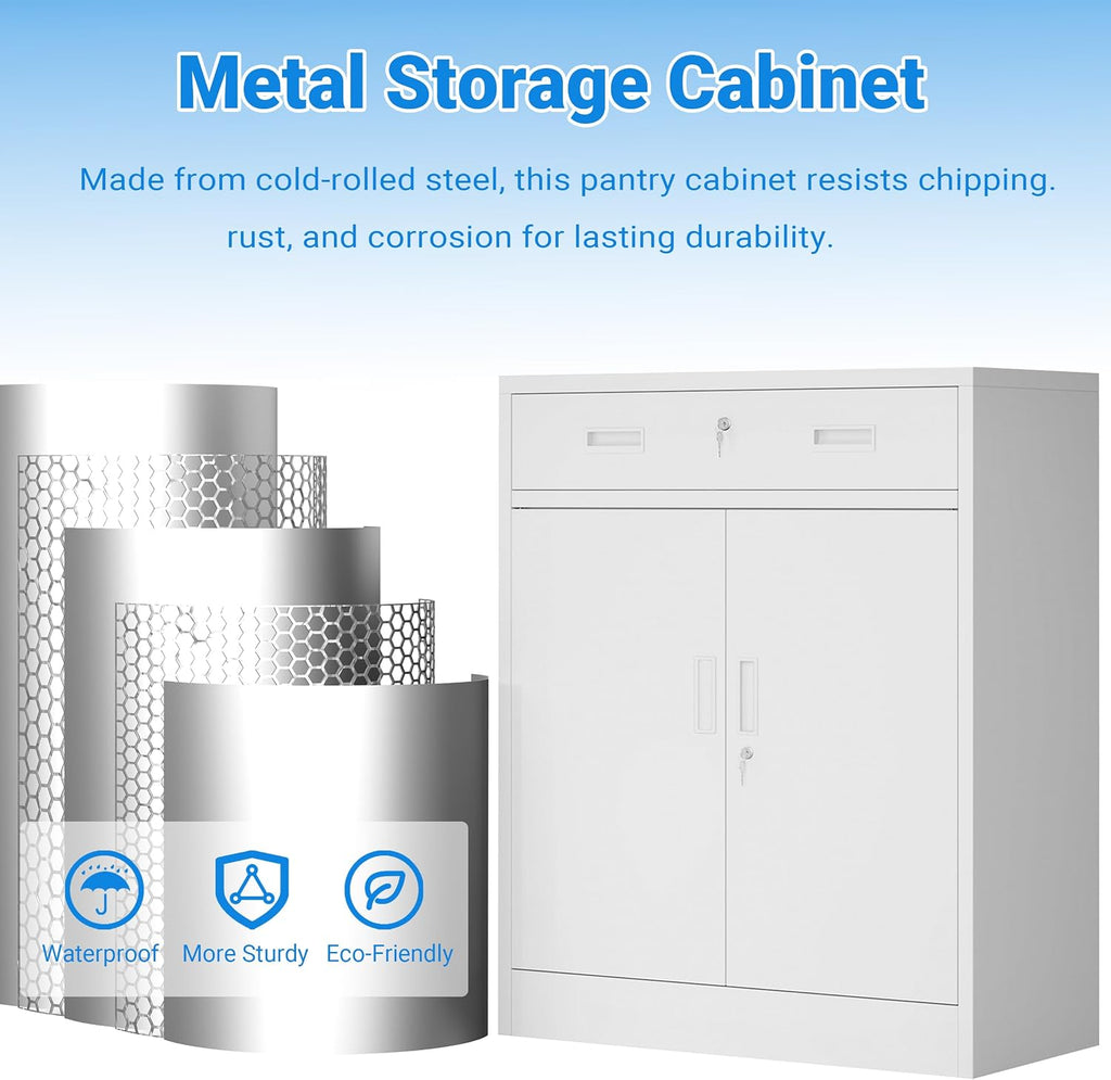 BESFUR Metal Storage Cabinet with Doors and Shelves, 36' H Locking Storage Cabinet with 1 Drawers, Reinforced Heavy Duty Metal Cabinets for Garage, Office, Home(White)