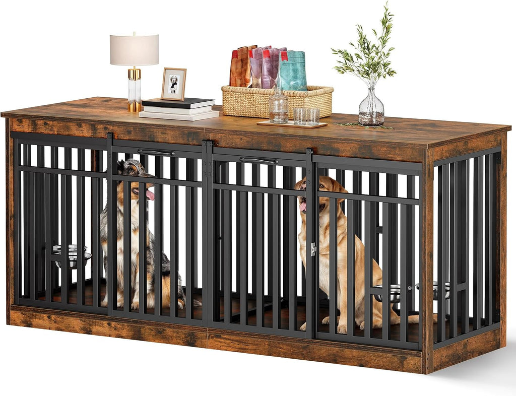 DWVO 71' Double Dog Crate Furniture for 2 Medium Dogs, Heavy Duty Wood Dual Dog Kennel TV Stand with Sliding Doors, Decorative Wooden 2 Dog Cage Table with Dog Bowls for Extra Large Dogs Rustic Brown