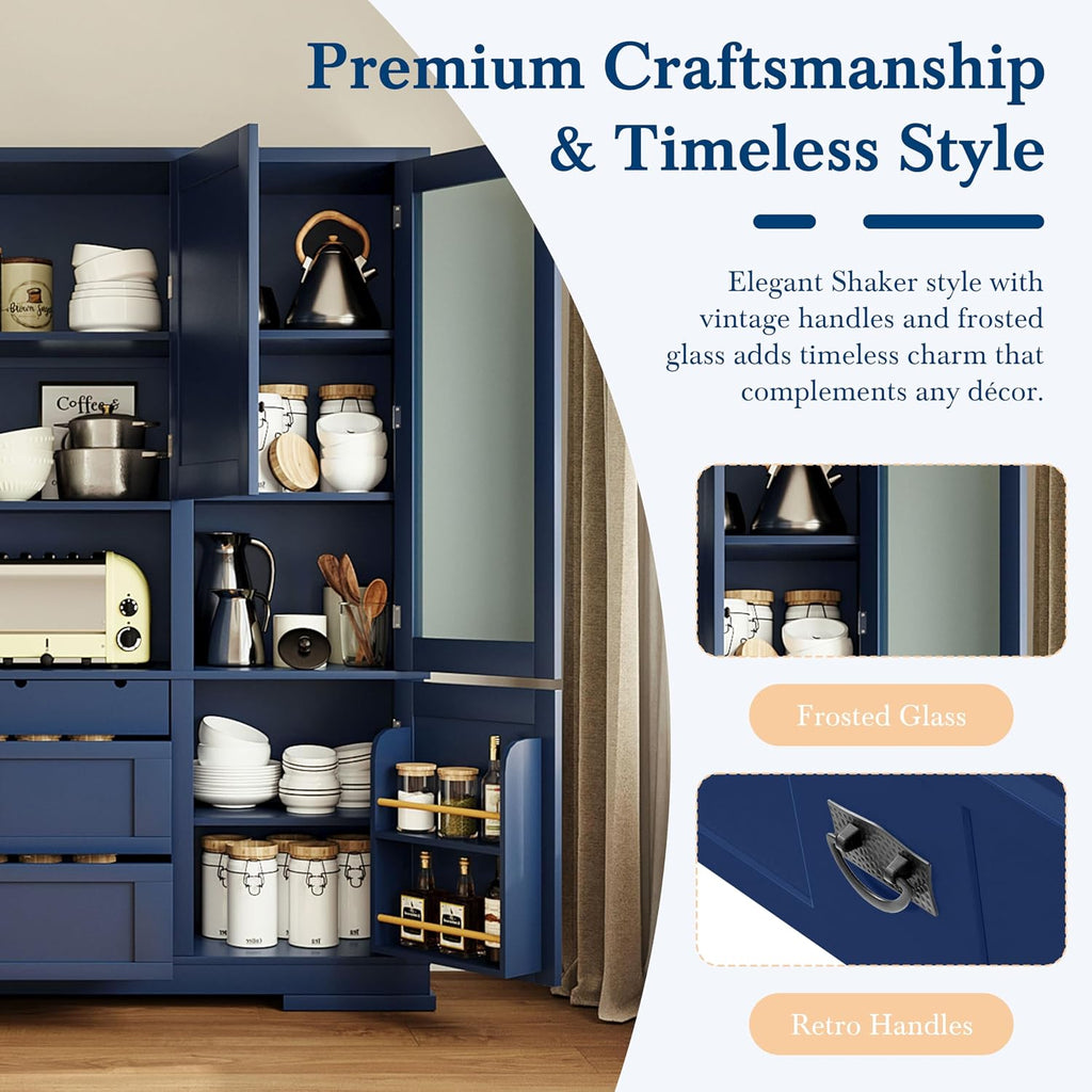Modern 78.3 inch Large Kitchen Pantry Storage Cabinet, Traditional Buffet Cabinet with Hutch and Drawers, Wood Freestanding Tall Storage Cabinet with Door Shelf and Adjustable Shelves (Blue//2)
