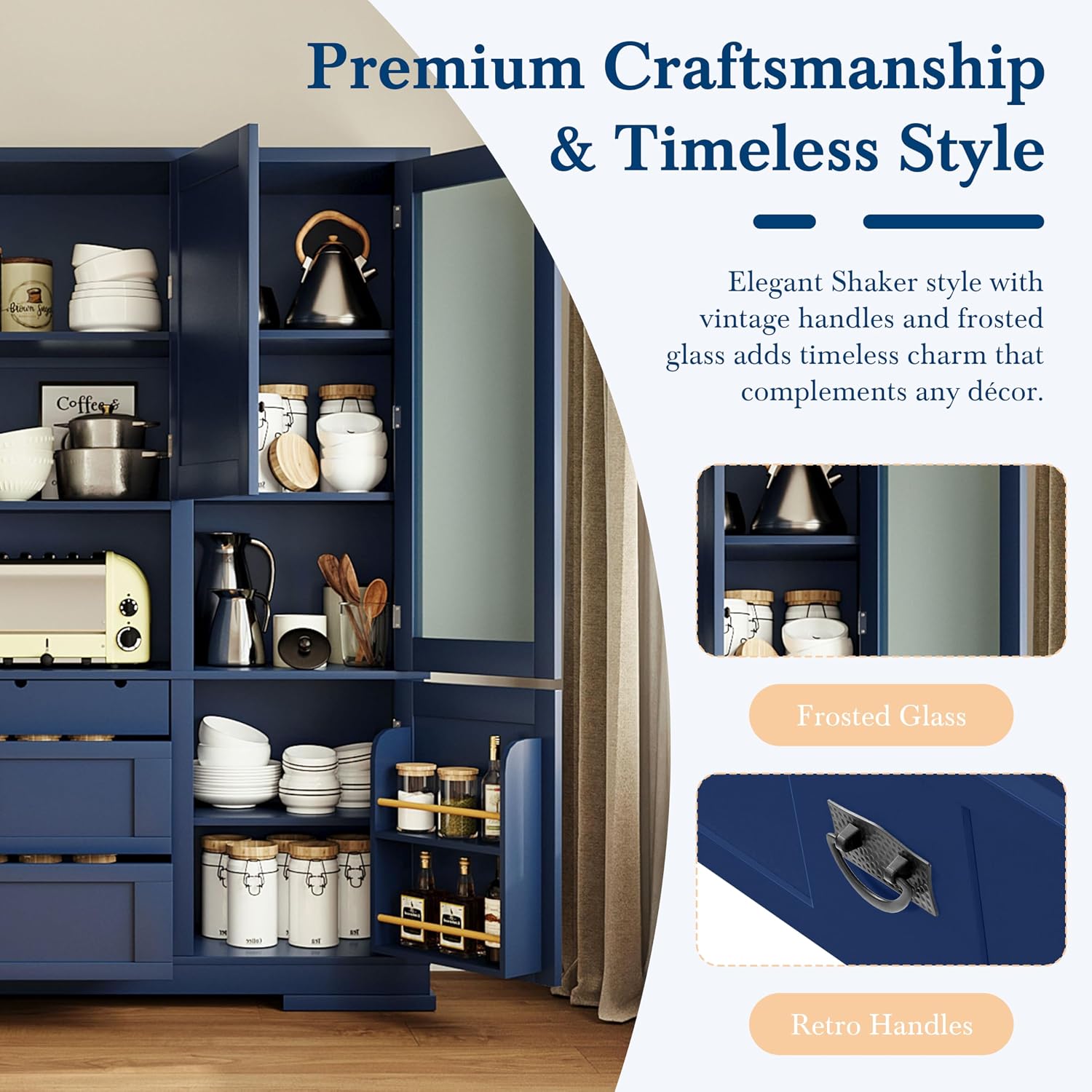 Modern 78.3 inch Large Kitchen Pantry Storage Cabinet, Traditional Buffet Cabinet with Hutch and Drawers, Wood Freestanding Tall Storage Cabinet with Door Shelf and Adjustable Shelves (Blue//2)