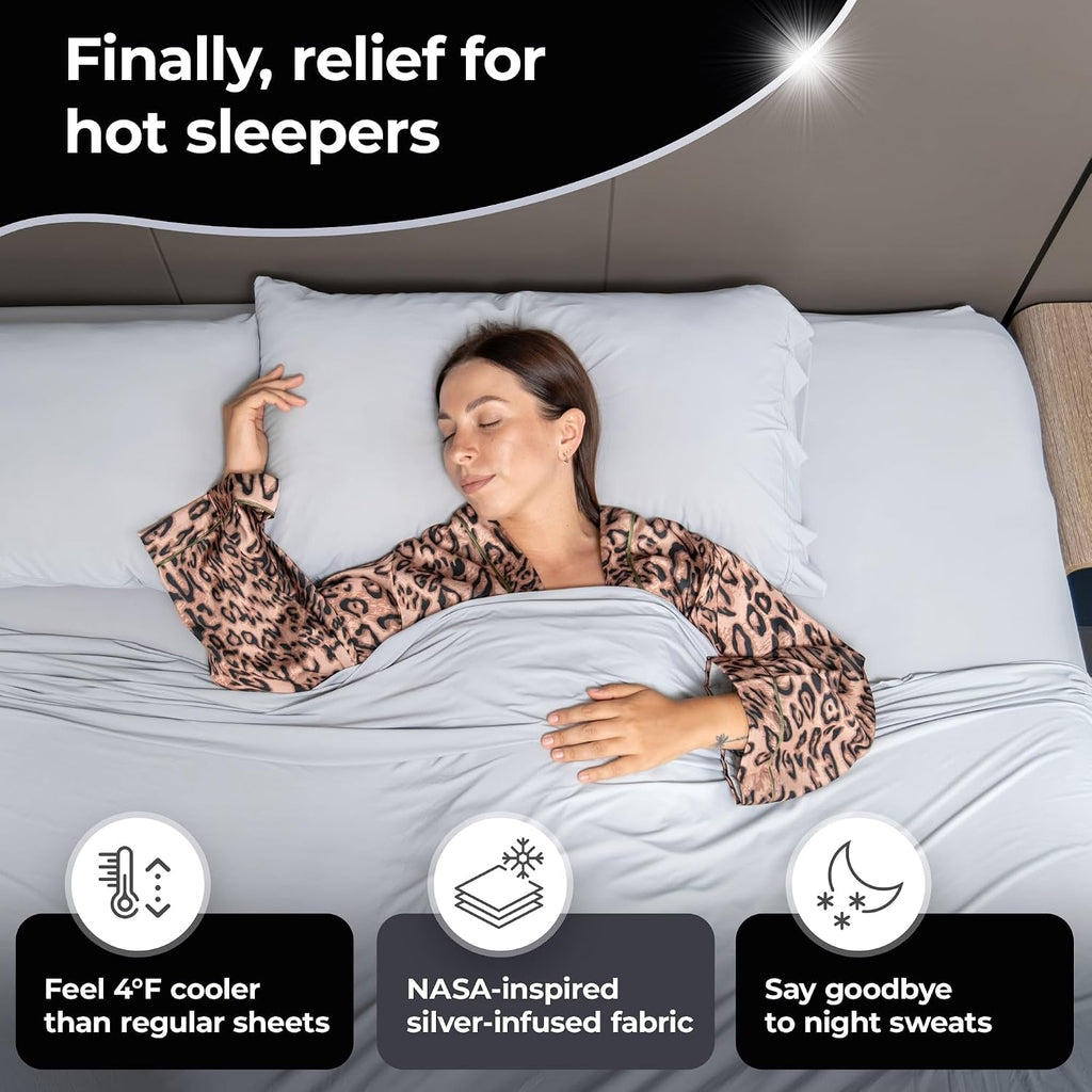 Silvery Restcool™ Silver Infused Bed Sheets Set - Award-Winning Self-Cooling Fabric for Hot Sleepers with Self-Cleaning Silvery Technology™ That Stays Fresh 3X Longer (Gray, Twin XL)