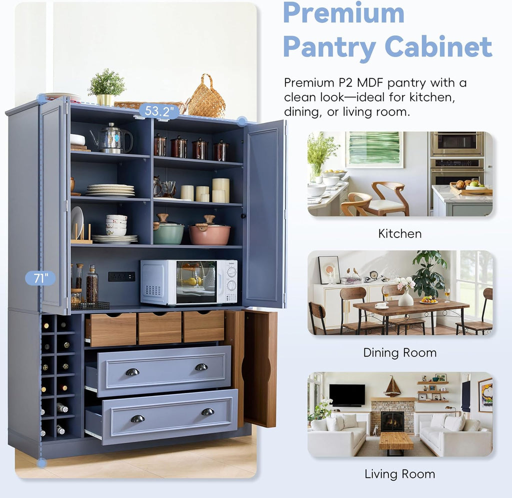 Merax 71' H Tall Kitchen Pantry Cabinet with Outlet, Modern Kitchen Hutch with Microwave Stand and Wine Racks, Large Food Pantry Storage Cabinet with Serving Trays and Drawers, Blue Gray