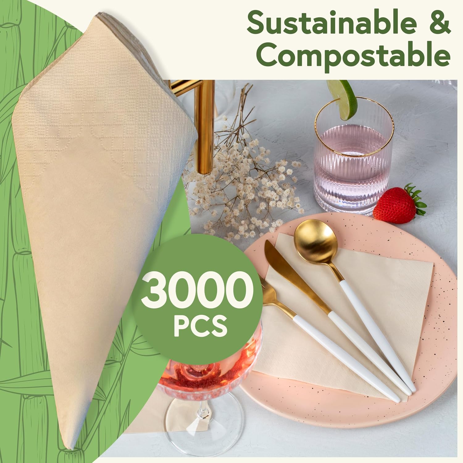 Jenvita Everyday 100% Bamboo Eco Friendly Napkins (3000-Pack) | All Natural Biodegradable Napkins for Lunch, Dinner, Events & Entertaining | 2-Ply FSC Certified | Bamboo Paper Towel | 6.5 x 6.5 Inch