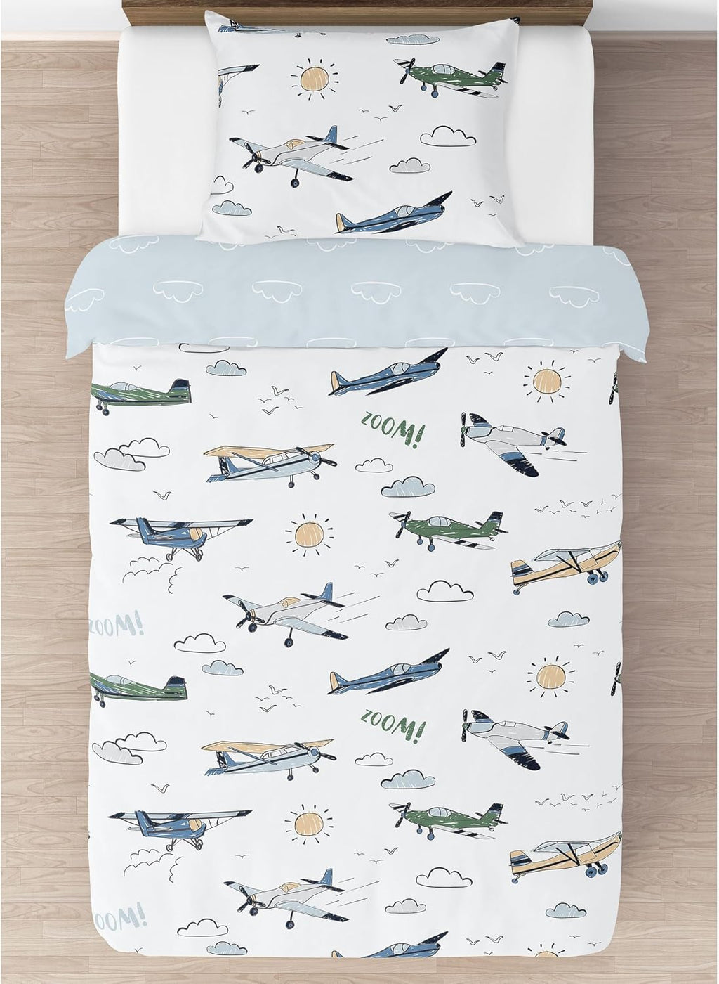 Sweet Jojo Designs 2-Piece Twin Comforter Set (Green Vintage Airplane) for Boys, Children, Kids Bedding, Bed in a Bag incl. Blanket & Pillow Sham (Airplanes, Transportation, Clouds, Sun, Sky, Blue)