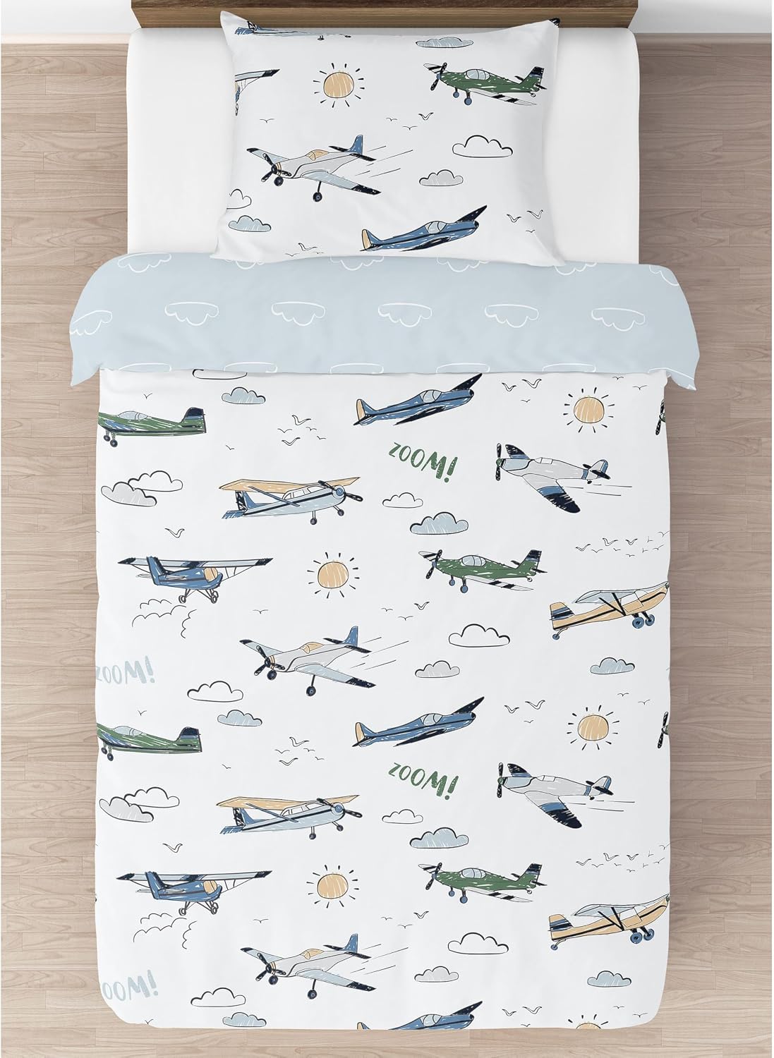 Sweet Jojo Designs 2-Piece Twin Comforter Set (Green Vintage Airplane) for Boys, Children, Kids Bedding, Bed in a Bag incl. Blanket & Pillow Sham (Airplanes, Transportation, Clouds, Sun, Sky, Blue)