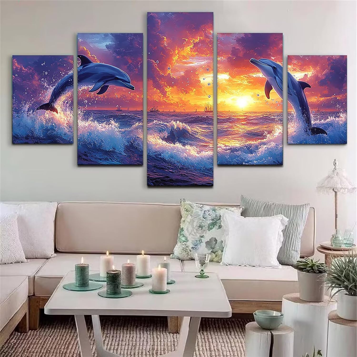 Dolphin Diamond Art 5 Piece Diamond Painting Sunset 5D DIY Full Square Drill Dimond Art Paintings Crystal Crafts for Adults Gem Painting for Home Decor, Large Artwork for Wall 60 x 120 Inch, Model462