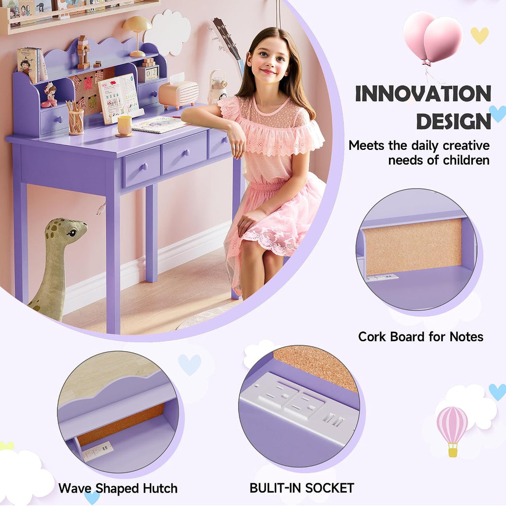 FUNKOCO Home Office Furniture Writing Desk, 36 Inch Computer Work Station with Detachable Hutch for Small Place, 5 Drawers(Purple)