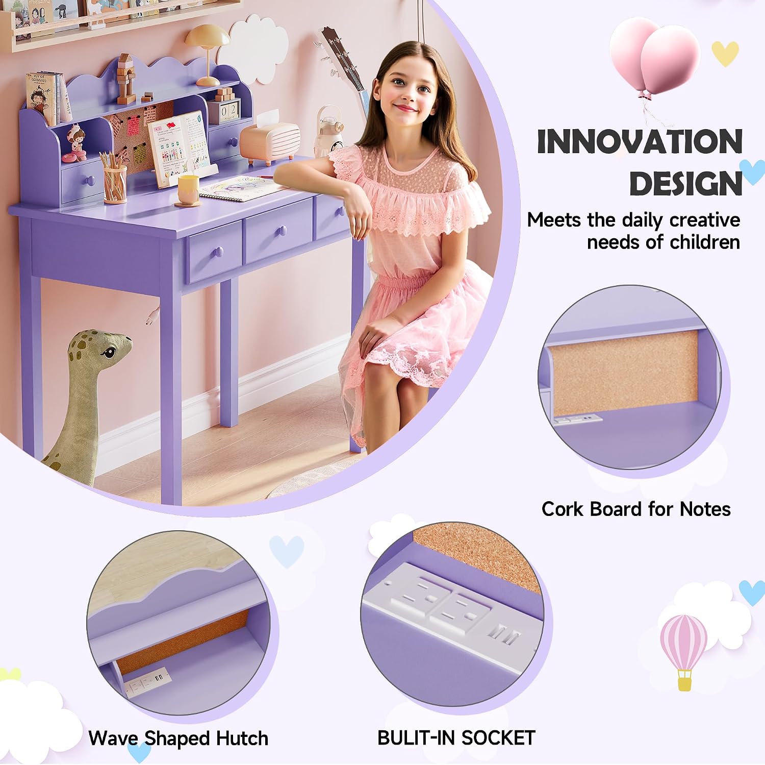 FUNKOCO Home Office Furniture Writing Desk, 36 Inch Computer Work Station with Detachable Hutch for Small Place, 5 Drawers(Purple)
