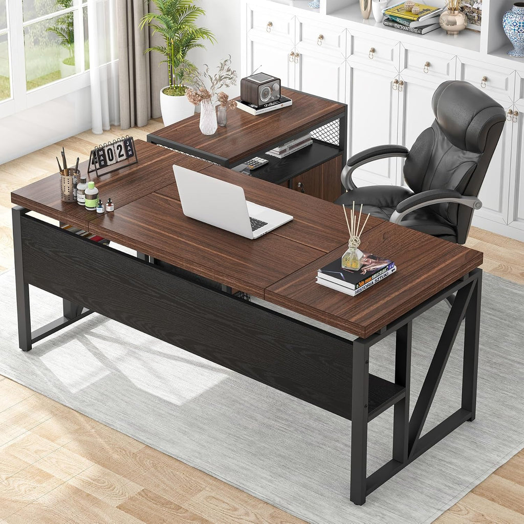 Tribesigns 63' Executive Deskwith Drawer Cabinet, L Shaped Desk and lateral File Cabinet, 2 Piece Home Office Furniture Set with Drawers for Hanging, Doors with Locks (Dark Brown, 63 inches)