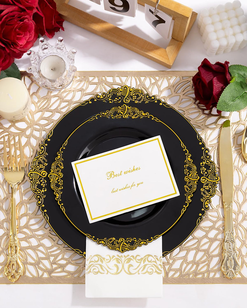 YOUBET 700PCS Black Plastic Plates - Black and Gold Plates - Gold Plastic Dinnerware Set Include 200 Disposable Plate, 300 Heavy Duty Silverware, 100 Cups, 100 Napkins for Wedding & Party