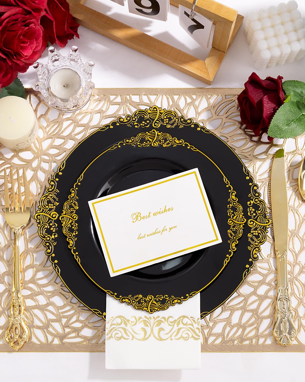 YOUBET 700PCS Black Plastic Plates - Black and Gold Plates - Gold Plastic Dinnerware Set Include 200 Disposable Plate, 300 Heavy Duty Silverware, 100 Cups, 100 Napkins for Wedding & Party