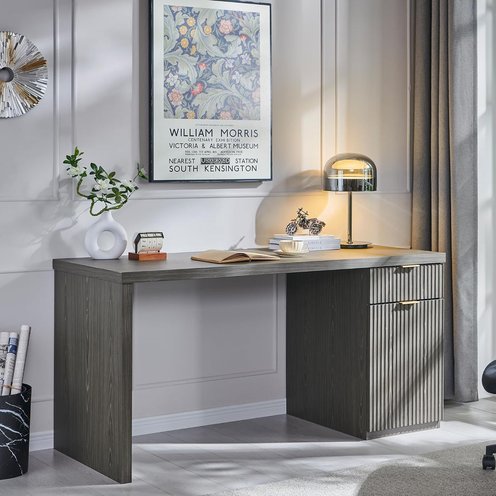 JXQTLINGMU 60' Modern Executive Desk with Storage, Wood Home Office Desk with Drawer & Cabinet, Fluted Computer Writing Desk for Study, Living Room, Bedroom, Grayish Green