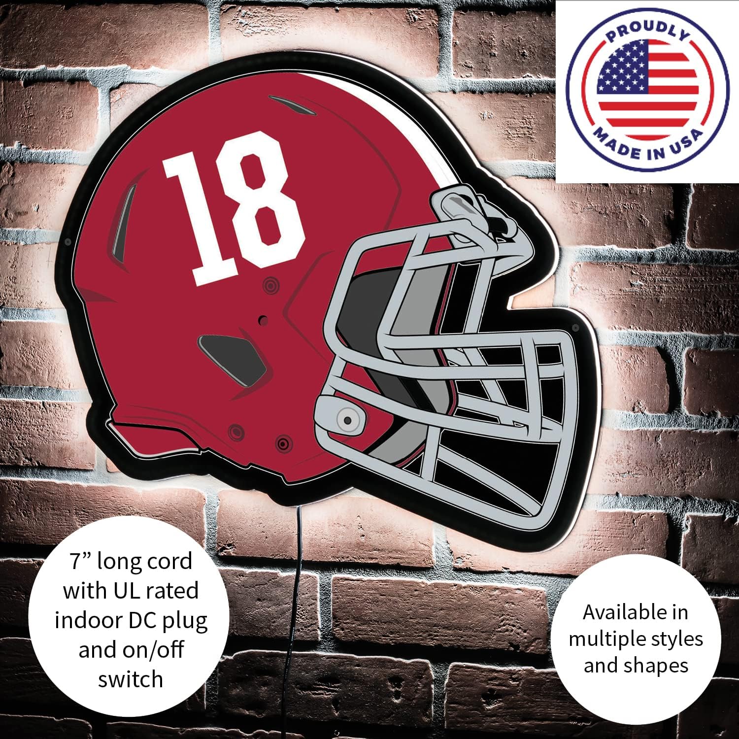 Team Sports America Evergreen NCAA University of Alabama Ultra-Thin LED Light Wall Sign Decor | Full Size Replica Helmet | 19.5 x 15 Inches | Made in the USA