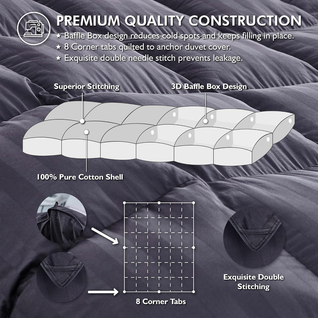 Luxurious Queen Size Goose Down Feather Fiber Comforter Duvet Insert, 100% Egyptian Cotton Cover, 60 oz. Fill Weight Comforter (Queen, Gray Stripe)