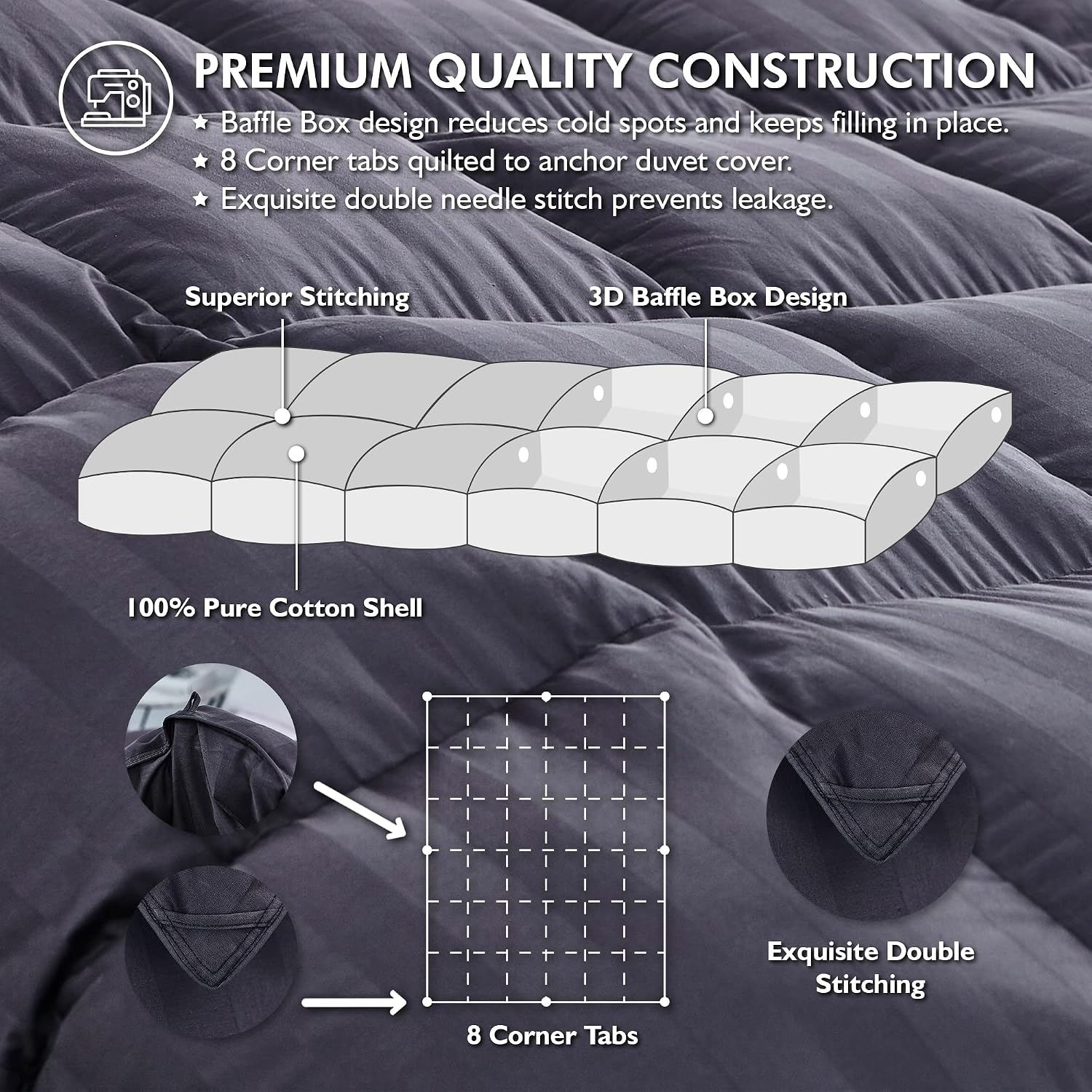 Luxurious Queen Size Goose Down Feather Fiber Comforter Duvet Insert, 100% Egyptian Cotton Cover, 60 oz. Fill Weight Comforter (Queen, Gray Stripe)