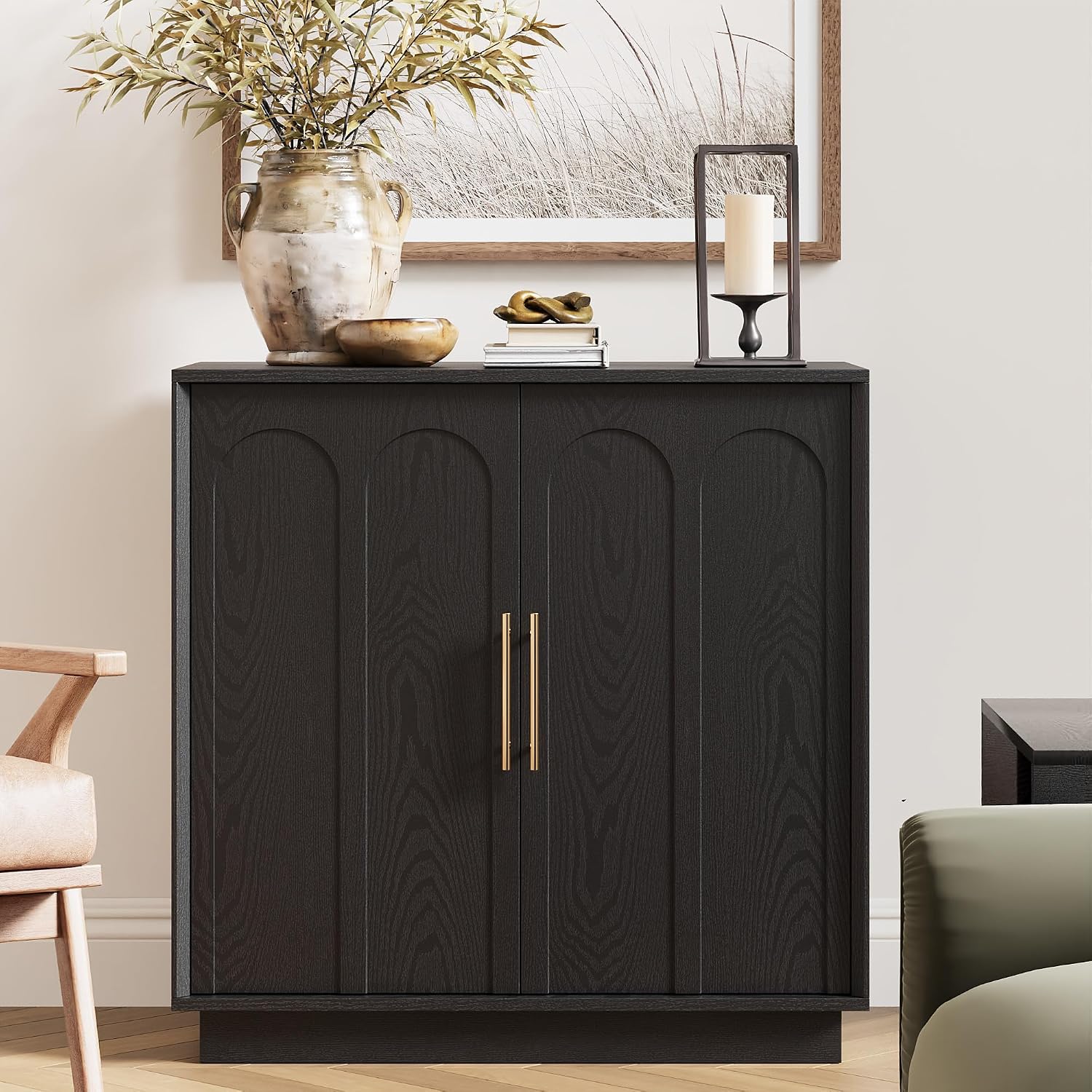 FORTUNETEC Sideboard Buffet Cabinet with Storage Set of 3, Mid Century Modern Accent Cabinet with Arched Doors, Modular Media Console, Credenza for Living Room Kitchen Dining Room Entryway, Black