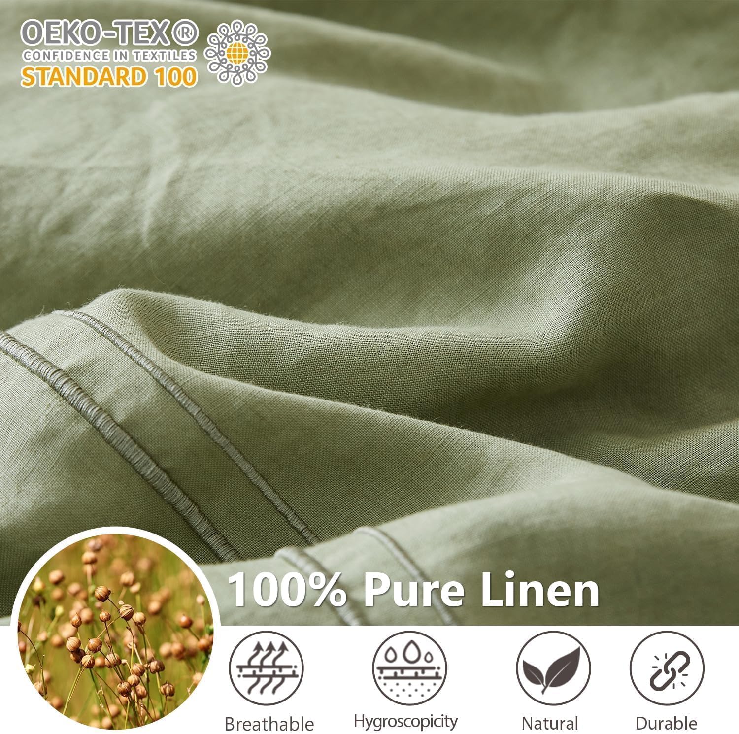 Simple&Opulence 100% Washed Linen Duvet Cover Set 88'x92' - 3 Pieces Soft Farmhouse Comforter Set Double Embroidered with Button Closure - 1 Duvet Cover and 2 Pillowshams (Sage Green, Queen)