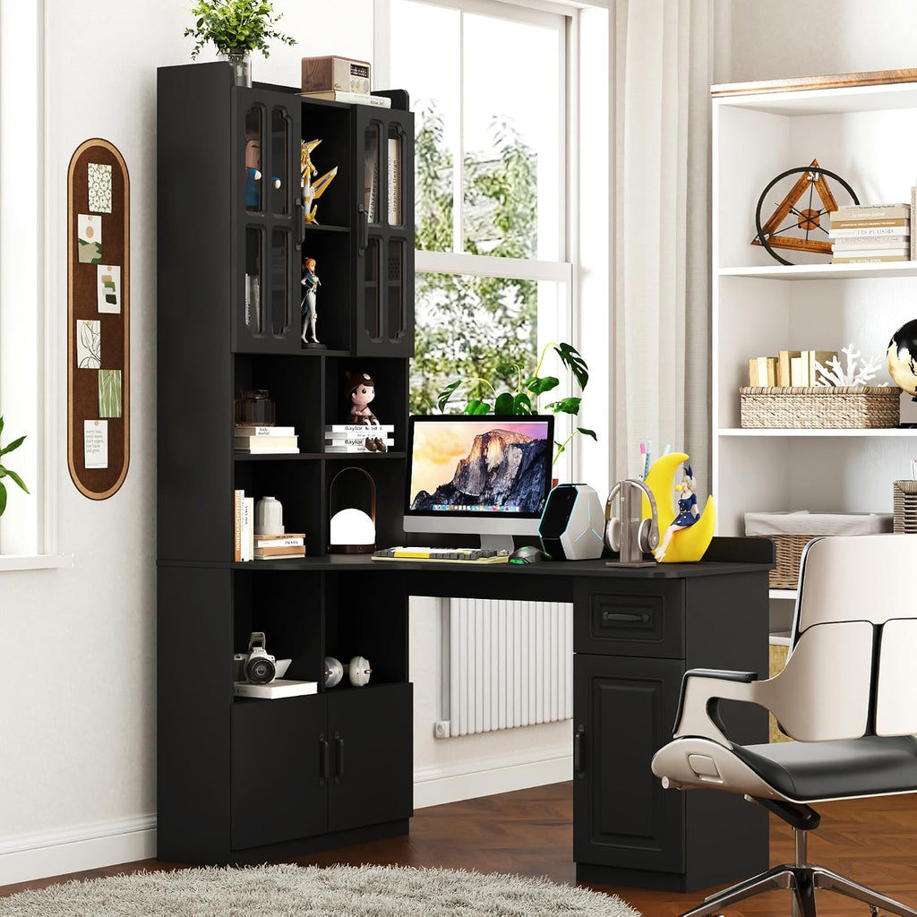 ZeHuoGe L-Shaped Corner Computer Desk for Home Office or Study Desk, Study Modern Style Table with Drawers, Bookshelf & Hutch, 2-in-1 L-Shaped Design, Large Working Space (Black)