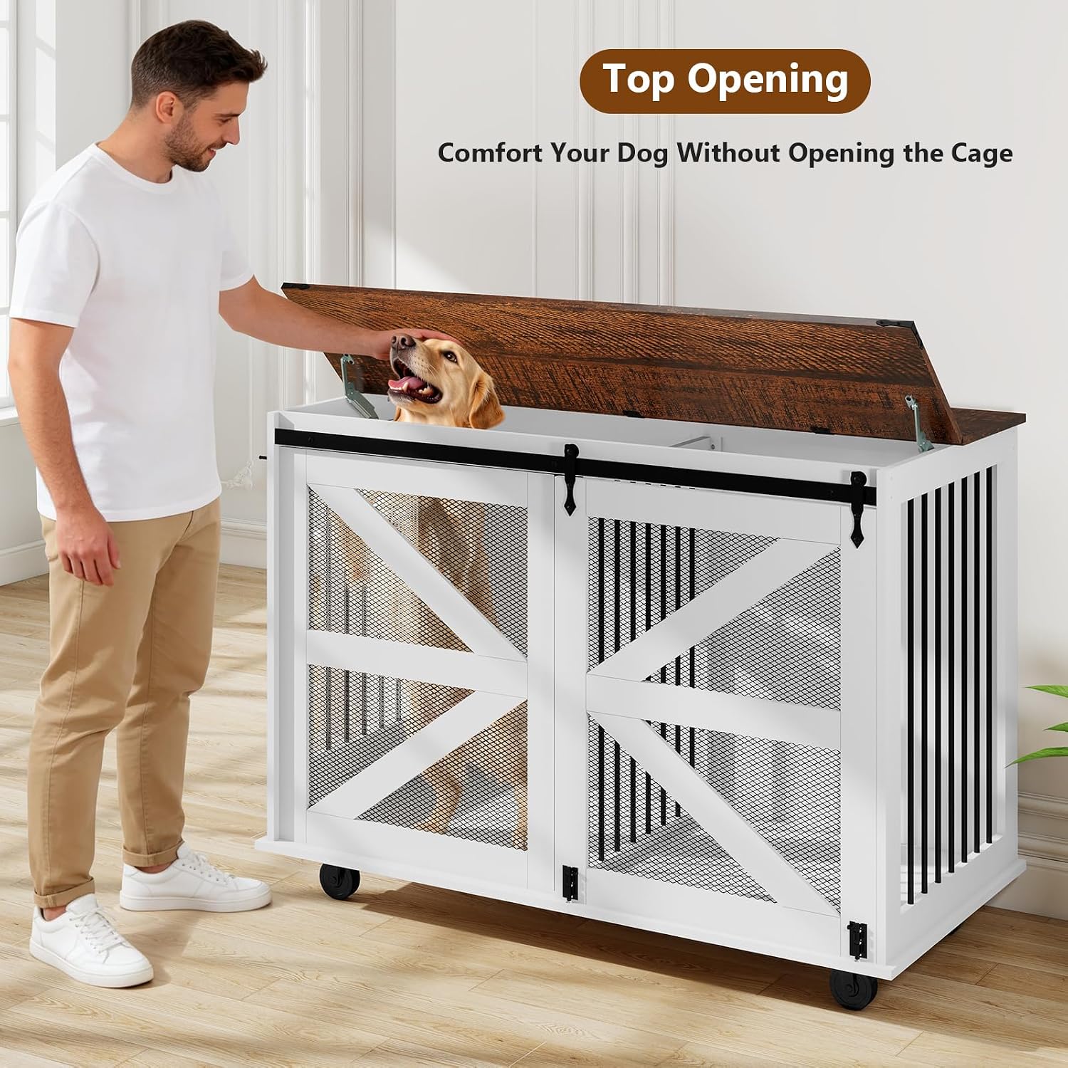 Yafylly 48 Inch XL Dog Crate, Wood XXL Dog Crate Furniture with Wheels, Flip-Top Feeding Door, Removable Divider, Farmhouse End Table Dog Crate with Sliding Barn Door, White