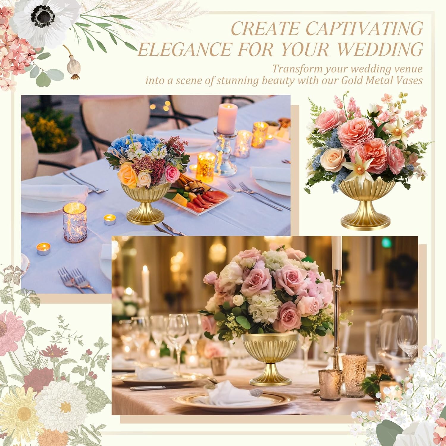 Ziliny 24 Pcs Gold Vases for Centerpieces 4.7' Wide 4' High Metal Compote Vases Bulk Wedding Table Centerpiece Flower Pot Vintage Floral Arrangements for Weddings Anniversaries Party Home Decor