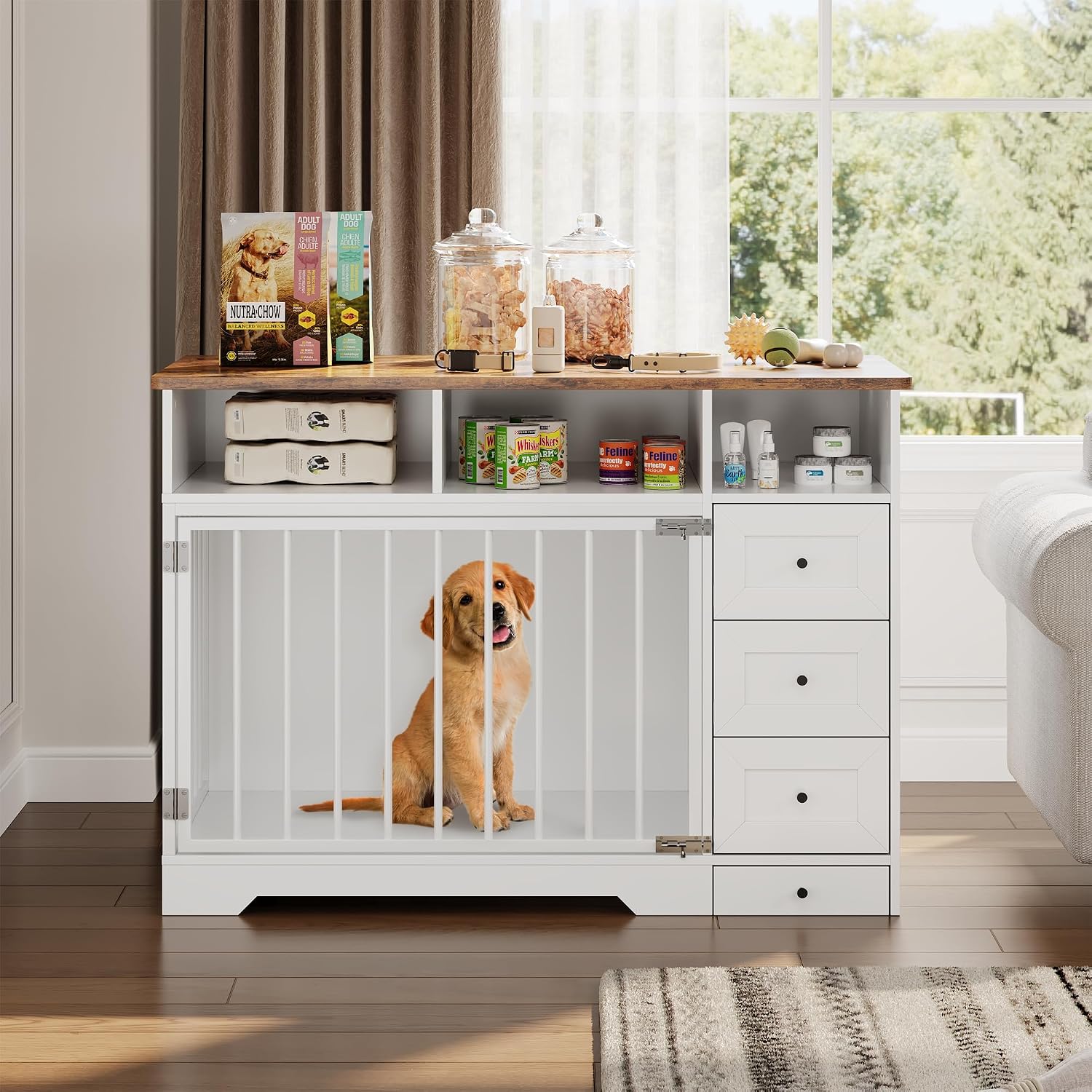 GarveeLife 48'' Dog Crate Furniture, Farmhouse Heavy Duty Dog Kennel with Bowl & Storage Drawers, Medium Dog Cage End Table for Small Medium Dogs, White