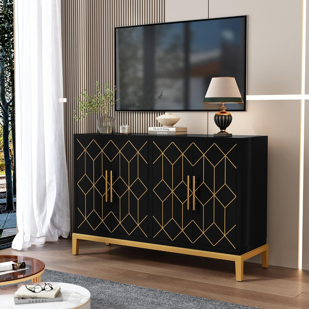 HLR Accent Cabinet with 4 Doors&Shelves, Sideboard Buffet Cabinet with Gold Trim, Modern Black Storage for Living Room, Entryway, Kitchen, Dining Room, Hallway