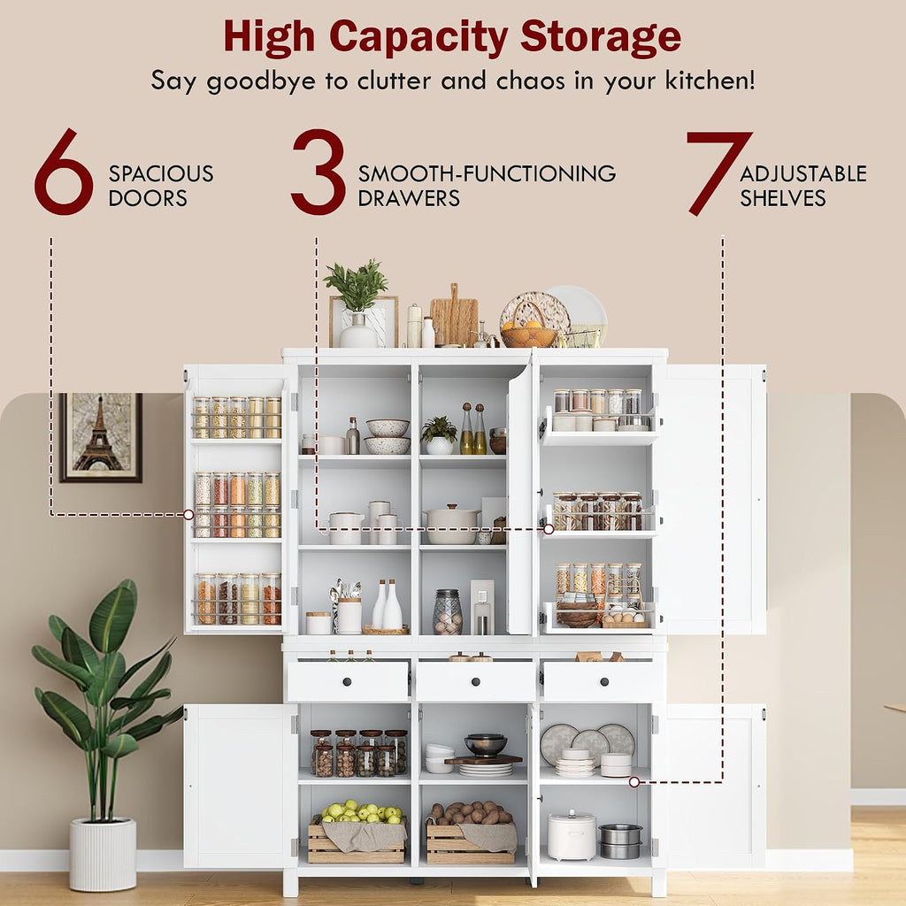 Farmhouse 74.8''H High Freestanding Kitchen Pantry, 53''Lx20''W Wooden Large Cupboard Storage Cabinet with Door Shelves, Adjustable Shelves, Pull-Out Trays and Drawers (White-6ds)