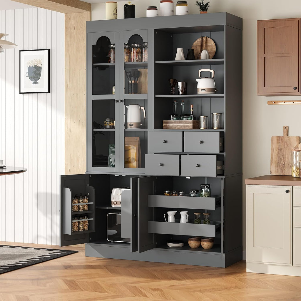 Modern 75inch Tall Kitchen Pantry Storage Cabinet with 4 Drawers, Freestanding Buffet Cabinet with Door Shelves and Pull-Out Trays for Dining Room, Living Room (Gray/32r)