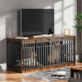 YITAHOME 71' Double Dog Crate Furniture with 4 Dog Bowls, Heavy Duty Wooden Dog Crate TV Stand, Dog Kennel Indoor Furniture Sliding Barn Door Design for Extra Large Dogs, Rustic Brown