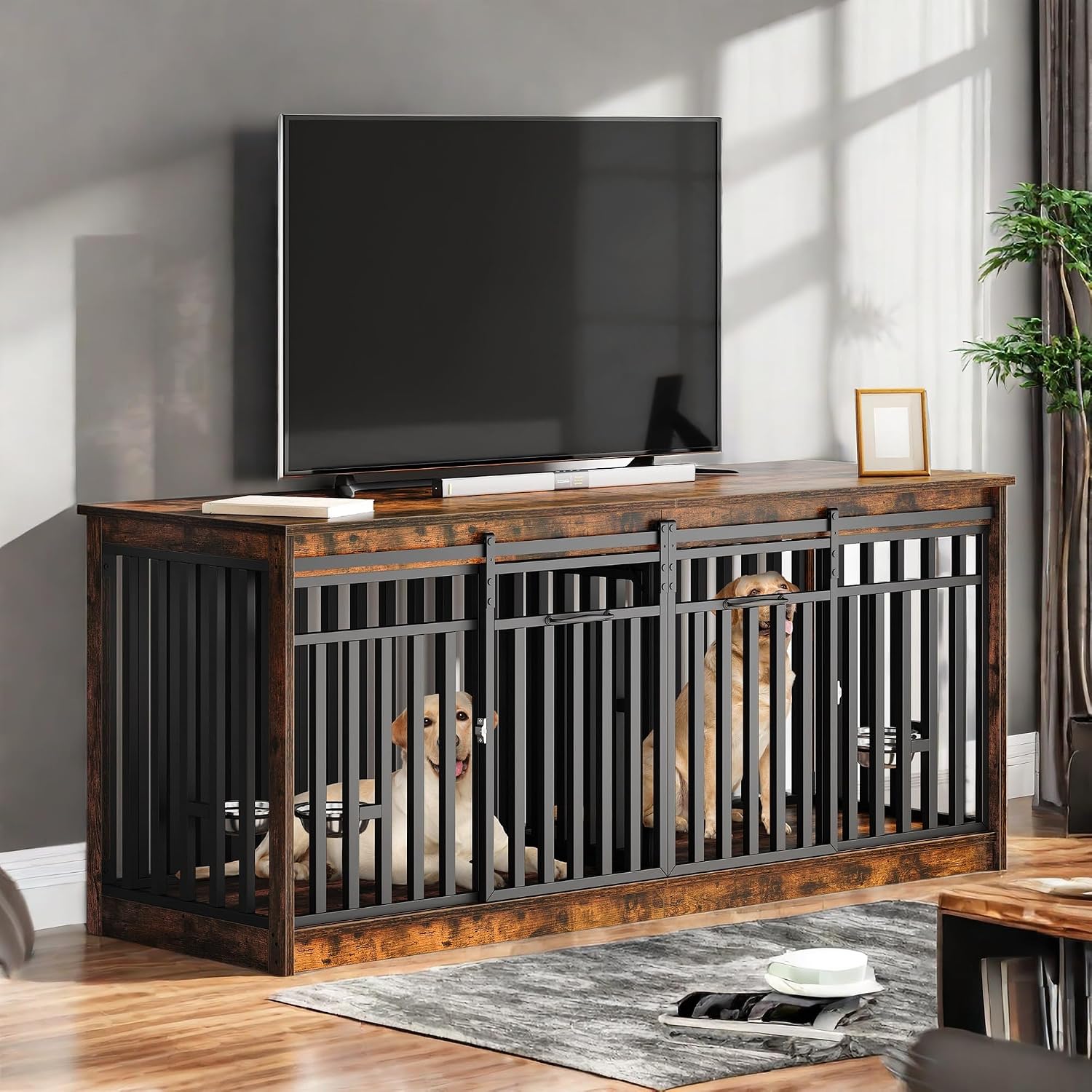 YITAHOME 71' Double Dog Crate Furniture with 4 Dog Bowls, Heavy Duty Wooden Dog Crate TV Stand, Dog Kennel Indoor Furniture Sliding Barn Door Design for Extra Large Dogs, Rustic Brown